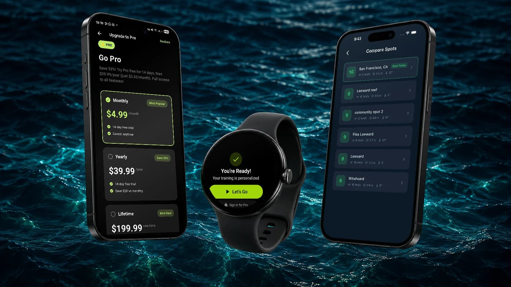 Spearo Pro in the Tracker app, Spearo Vision and Spearo Apnea on a watch